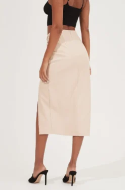 Alondra Ruched Faux Leather Midi Skirt -Larana Style Shop ACS9082 CREAM 6 scaled