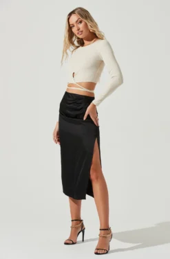 Perry Ruched Side Slit Midi Skirt -Larana Style Shop ACS9086C BLACK 1 scaled