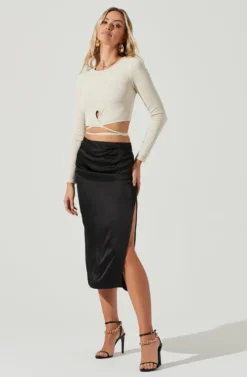Perry Ruched Side Slit Midi Skirt -Larana Style Shop ACS9086C BLACK 2 scaled