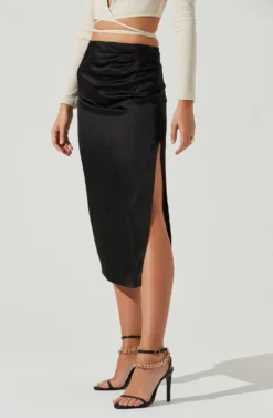 Perry Ruched Side Slit Midi Skirt -Larana Style Shop ACS9086C BLACK 3 scaled