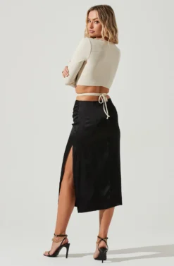 Perry Ruched Side Slit Midi Skirt -Larana Style Shop ACS9086C BLACK 4 scaled