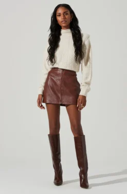 Tracy Faux Leather Front Zip Skirt -Larana Style Shop ACS9101 BROWN 1 scaled