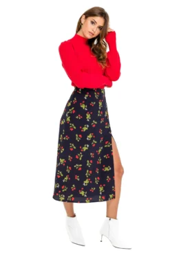 Button Side Slit Midi Skirt -Larana Style Shop ACS923B NAVY CHERRY PRINT 02 scaled