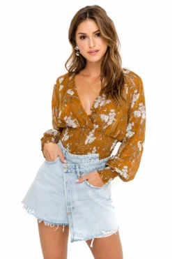 Smocked Wrap Front Floral Top -Larana Style Shop ACT15366 CARAMEL ORANGE FLORAL 04 scaled