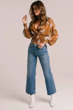 Smocked Wrap Front Floral Top -Larana Style Shop ACT15366 CARAMEL ORANGE FLORAL 6 scaled