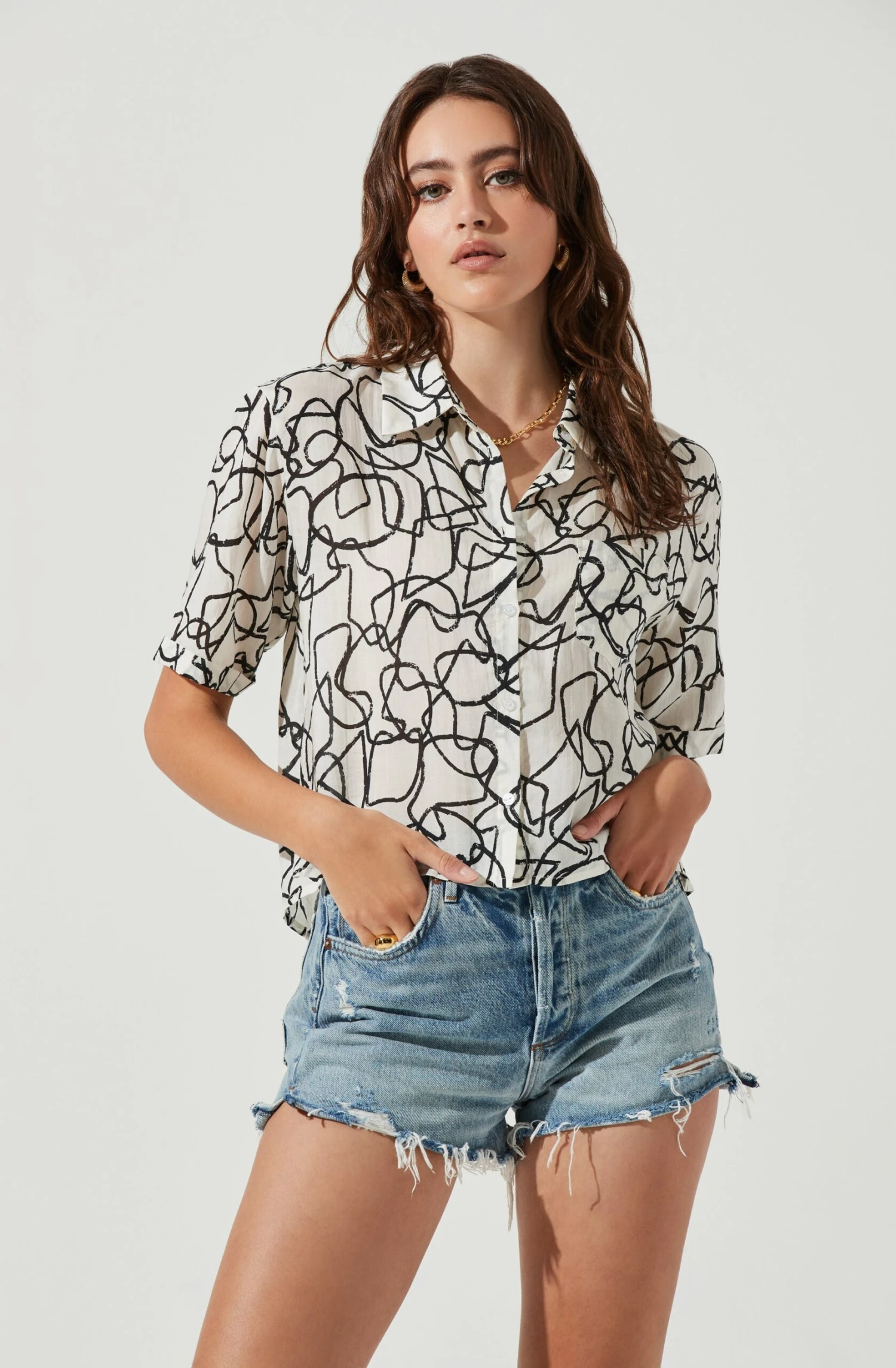 Chrysanthe Abstract Print Button Down Short Sleeve Top 1 Chrysanthe Abstract Print Button Down Short Sleeve Top