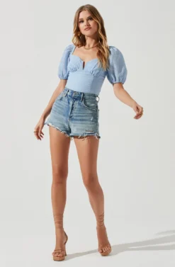 Daydreamer Sweetheart Seersucker Puff Sleeve Top -Larana Style Shop ACT16733B BLUE 1485 scaled