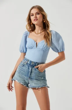 Daydreamer Sweetheart Seersucker Puff Sleeve Top -Larana Style Shop ACT16733B BLUE 1493 scaled