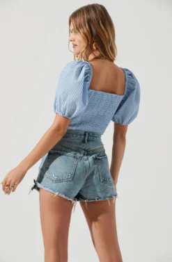 Daydreamer Sweetheart Seersucker Puff Sleeve Top -Larana Style Shop ACT16733B BLUE 1500 scaled
