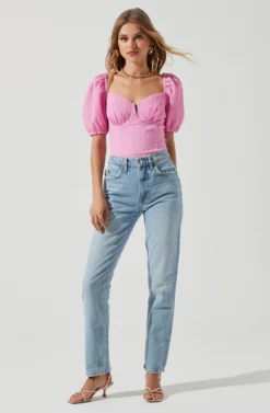 Daydreamer Sweetheart Seersucker Puff Sleeve Top -Larana Style Shop ACT16733B PINK 1103 scaled