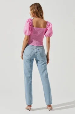 Daydreamer Sweetheart Seersucker Puff Sleeve Top -Larana Style Shop ACT16733B PINK 1112 scaled