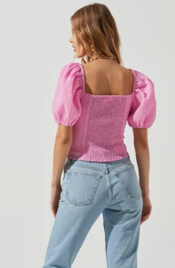 Daydreamer Sweetheart Seersucker Puff Sleeve Top -Larana Style Shop ACT16733B PINK 1115 scaled