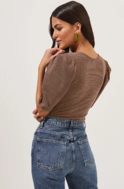 Harleen Plaid Shoulder Pad Bodysuit -Larana Style Shop ACT16769 BROWNPLAID 4 scaled