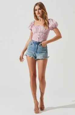 Empress Ruched Hook And Eye Puff Sleeve Top -Larana Style Shop ACT17014SL PINK 1550 scaled