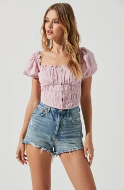 Empress Ruched Hook And Eye Puff Sleeve Top -Larana Style Shop ACT17014SL PINK 1556 scaled
