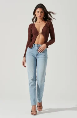 Angelique Ribbed Knit Chain Detail Cardigan -Larana Style Shop ACT17337 BROWN 0091 scaled