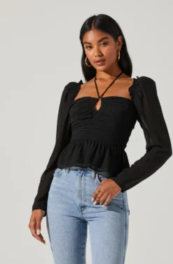 Toni Ruched Halter Long Sleeve Peplum Top 36 Toni Ruched Halter Long Sleeve Peplum Top -Larana Style Shop ACT17339 BLACK 2 scaled