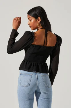 Toni Ruched Halter Long Sleeve Peplum Top 39 Toni Ruched Halter Long Sleeve Peplum Top -Larana Style Shop ACT17339 BLACK 3 scaled