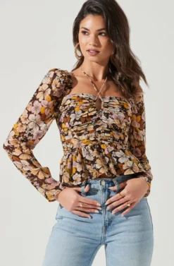 Toni Ruched Halter Long Sleeve Peplum Top 28 Toni Ruched Halter Long Sleeve Peplum Top -Larana Style Shop ACT17339 BROWN YELLOWFLORAL 0154 scaled