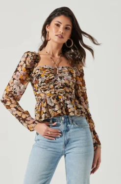 Toni Ruched Halter Long Sleeve Peplum Top 26 Toni Ruched Halter Long Sleeve Peplum Top -Larana Style Shop ACT17339 BROWN YELLOWFLORAL 0155 scaled