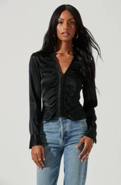 Shannon Satin Ruched Long Sleeve Top 20 Shannon Satin Ruched Long Sleeve Top -Larana Style Shop ACT17370 BLACK 0400 scaled