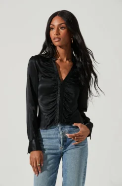Shannon Satin Ruched Long Sleeve Top 18 Shannon Satin Ruched Long Sleeve Top -Larana Style Shop ACT17370 BLACK 0401 scaled