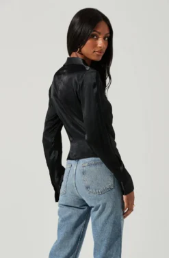 Shannon Satin Ruched Long Sleeve Top 23 Shannon Satin Ruched Long Sleeve Top -Larana Style Shop ACT17370 BLACK 0409 scaled