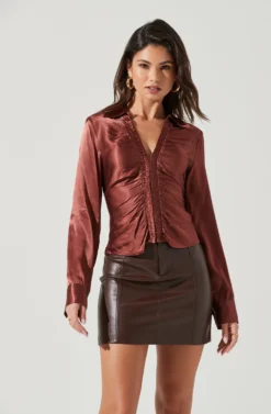 Shannon Satin Ruched Long Sleeve Top 14 Shannon Satin Ruched Long Sleeve Top -Larana Style Shop ACT17370 BROWN 1258 scaled