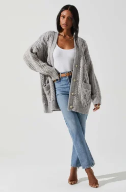 Charli Cable Knit Oversized Cardigan Sweater -Larana Style Shop ACT17626 GRAY 2 scaled