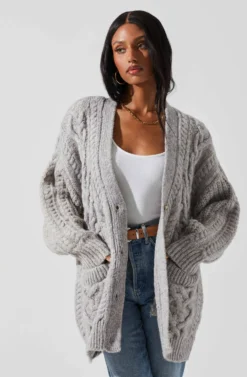 Charli Cable Knit Oversized Cardigan Sweater -Larana Style Shop ACT17626 GRAY 4 scaled