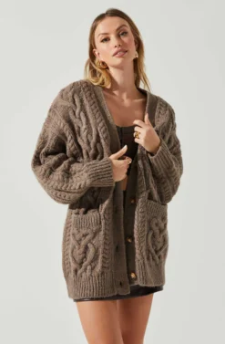 Charli Cable Knit Oversized Cardigan Sweater -Larana Style Shop ACT17626 MOCHA 3 scaled