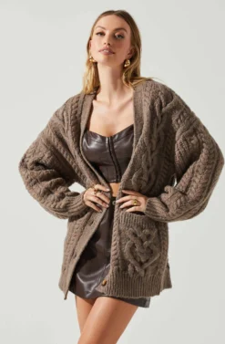 Charli Cable Knit Oversized Cardigan Sweater -Larana Style Shop ACT17626 MOCHA 4 scaled
