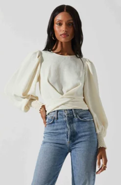 Wrenley Twist Front Puff Sleeve Top -Larana Style Shop ACT17827 CREAM 3 scaled