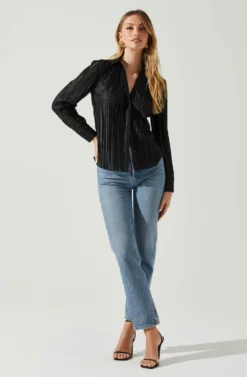 Laurel Satin Pleated Long Sleeve Top -Larana Style Shop ACT17840P BLACK 1 scaled