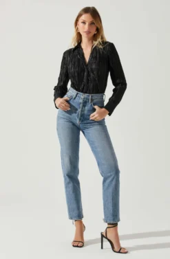 Laurel Satin Pleated Long Sleeve Top -Larana Style Shop ACT17840P BLACK 2 scaled