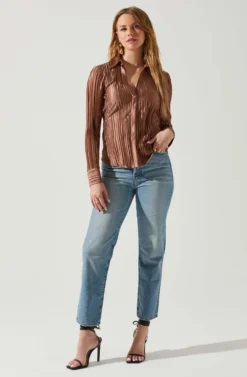 Laurel Satin Pleated Long Sleeve Top -Larana Style Shop ACT17840P BROWN 1 scaled