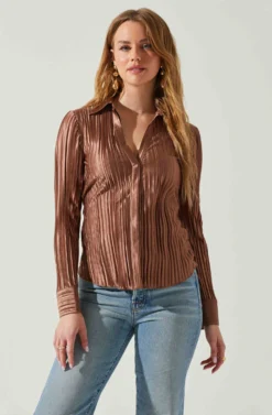 Laurel Satin Pleated Long Sleeve Top -Larana Style Shop ACT17840P BROWN 3 scaled