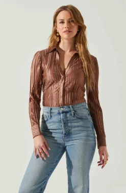 Laurel Satin Pleated Long Sleeve Top -Larana Style Shop ACT17840P BROWN 4 scaled