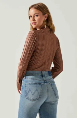 Laurel Satin Pleated Long Sleeve Top -Larana Style Shop ACT17840P BROWN 6 scaled