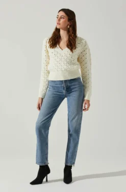 Bianca V Neck Pointelle Sweater -Larana Style Shop ACT17869 CREAM 2 scaled