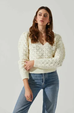Bianca V Neck Pointelle Sweater -Larana Style Shop ACT17869 CREAM 4 scaled
