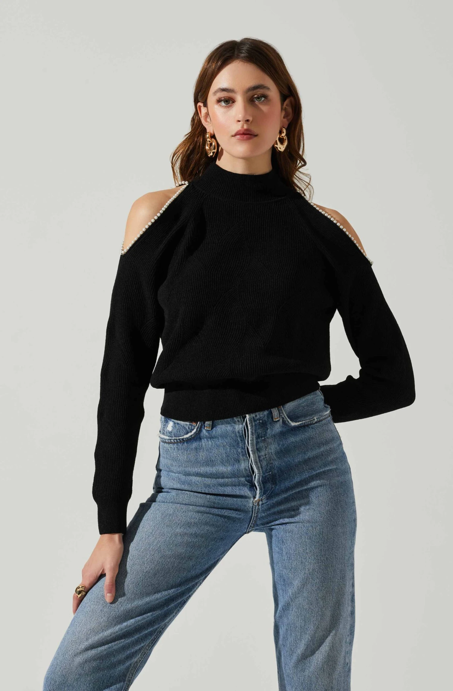 Tori Pearl Embellished Cold Shoulder Sweater 1 Tori Pearl Embellished Cold Shoulder Sweater