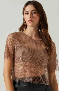 Mckay Rhinestone Mesh Short Sleeve Top -Larana Style Shop ACT18042 TAUPE 3 scaled
