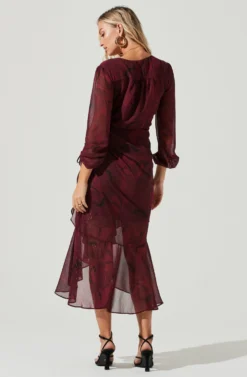 Long Sleeved Cinched Mermaid Dress -Larana Style Shop ADR100106 WINEFLORAL 5 scaled