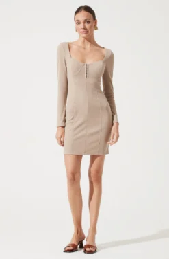 Long Sleeve Hook & Eye Front Bodycon Dress 16 Long Sleeve Hook & Eye Front Bodycon Dress -Larana Style Shop ADR100890 TAUPE 875 scaled