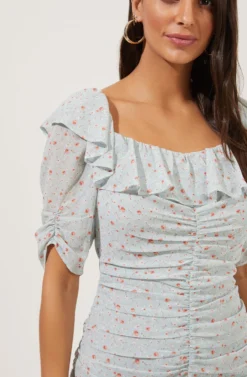 Short Sleeve Ruffle Neck Ruched Dress -Larana Style Shop ADR100891 TEALMULTIDITSY 4 scaled