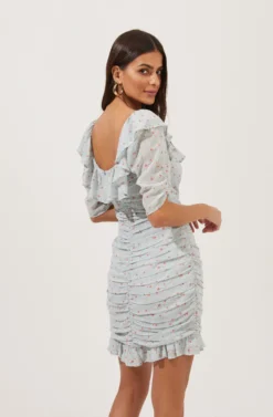 Short Sleeve Ruffle Neck Ruched Dress -Larana Style Shop ADR100891 TEALMULTIDITSY 6 scaled