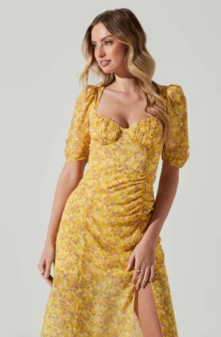 Floral Front Slit Milkmaid Midi Dress -Larana Style Shop ADR100913 YELLOWPURPLEFLORAL 3 scaled