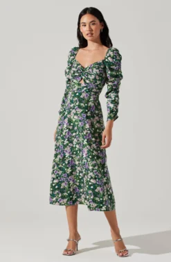 Floral Long Sleeve Twist Keyhole Front Midi Dress -Larana Style Shop ADR100972 GREENPURPLEFLORAL 1 scaled