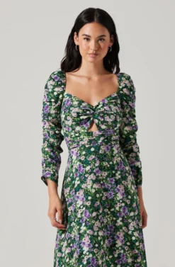 Floral Long Sleeve Twist Keyhole Front Midi Dress -Larana Style Shop ADR100972 GREENPURPLEFLORAL 2 scaled